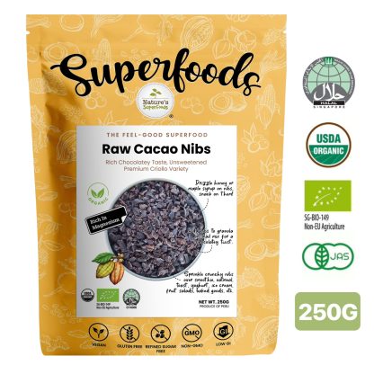 Raw Cacao Nibs 250G - Front (CERT)