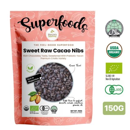 Sweet Raw Cacao Nibs 150G - Front (CERT)