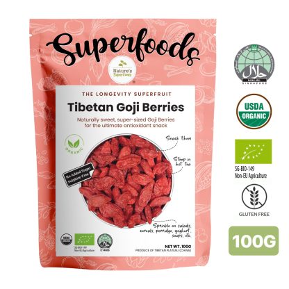 Tibetan Goji Berries, Dried 100G - Front (Certifications)