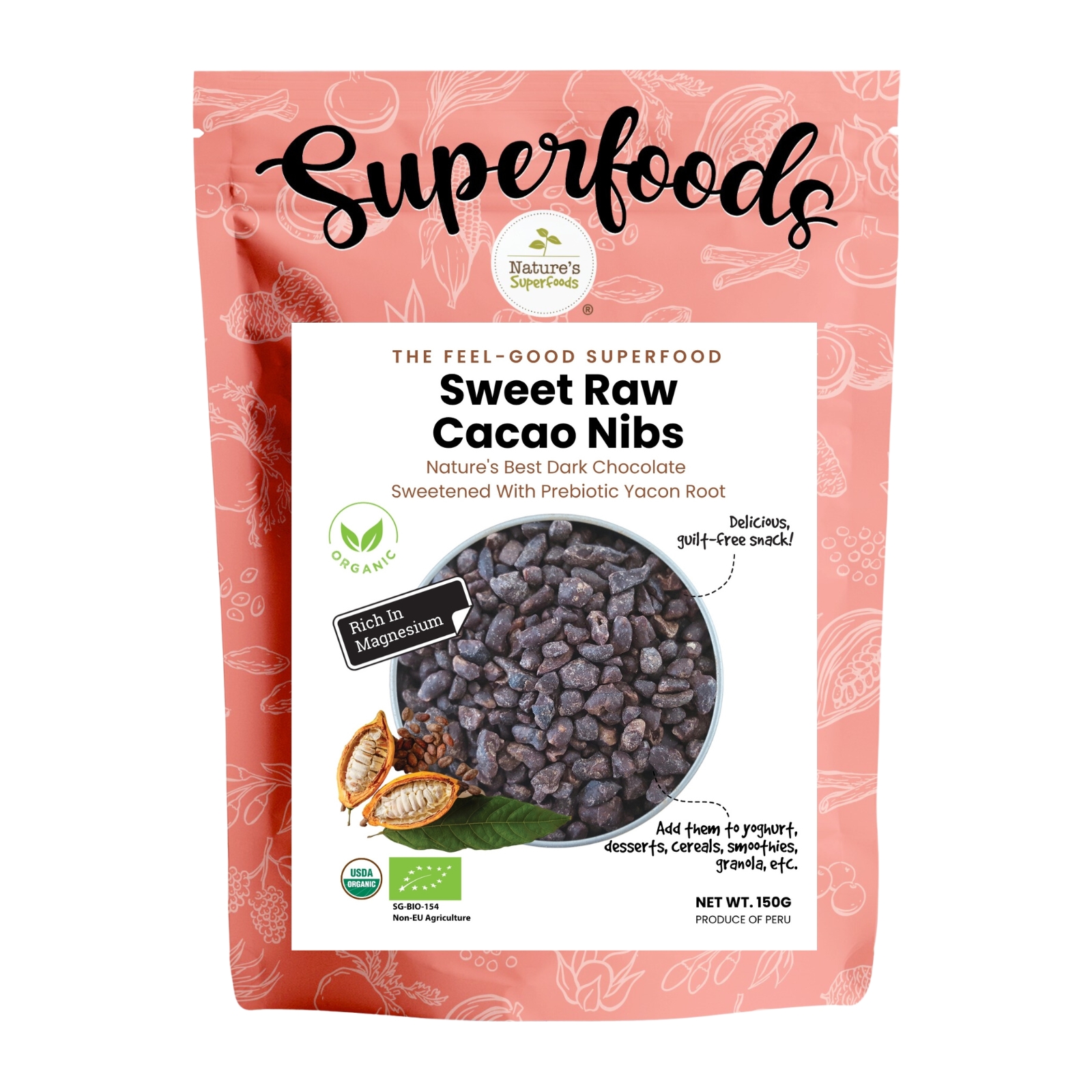 Sweet Raw Cacao Nibs 150G Front (9)