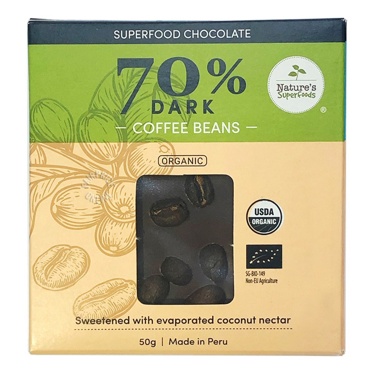 Organic Superfood Chocolate (70% Dark) with Coffee Beans front