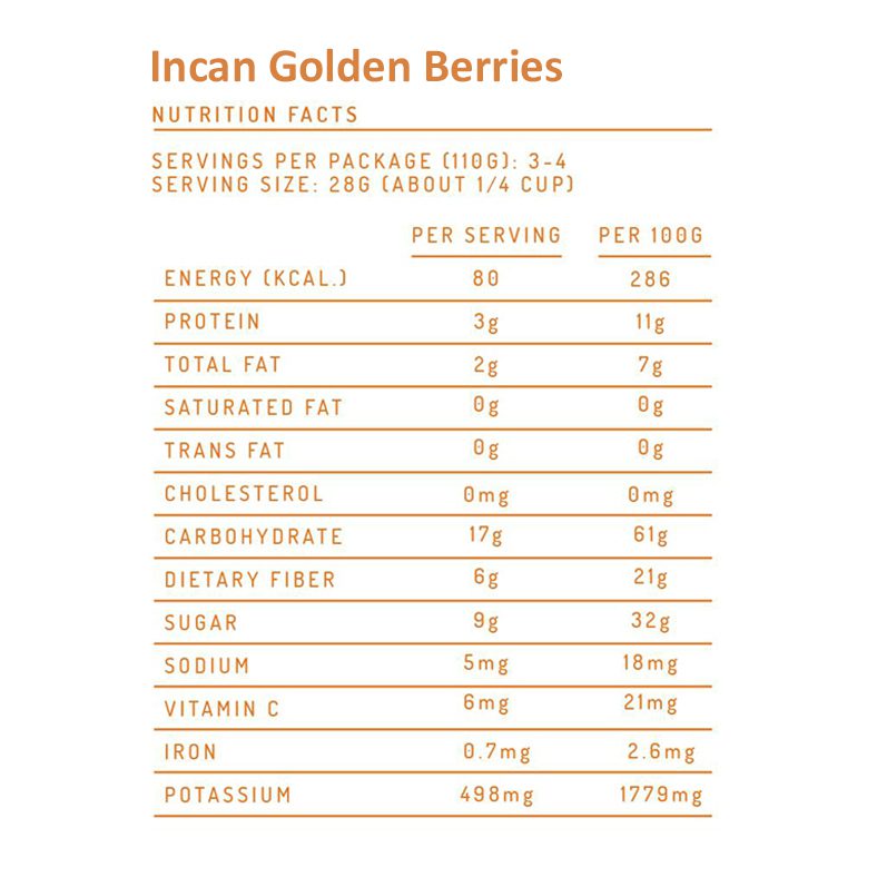 Organic Dried Incan Golden Berries nutritional label