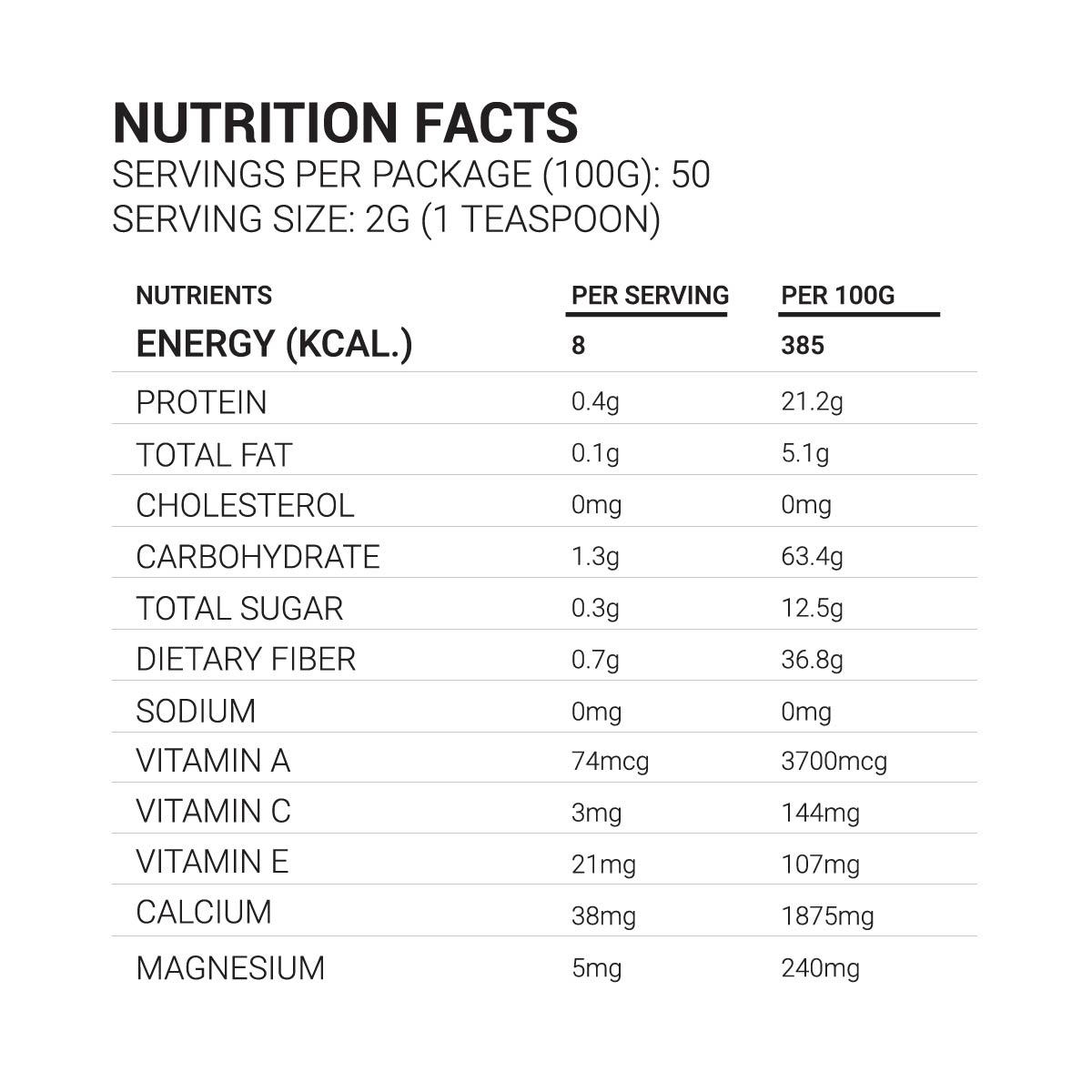 Organic Moringa Leaf Powder nutritional label