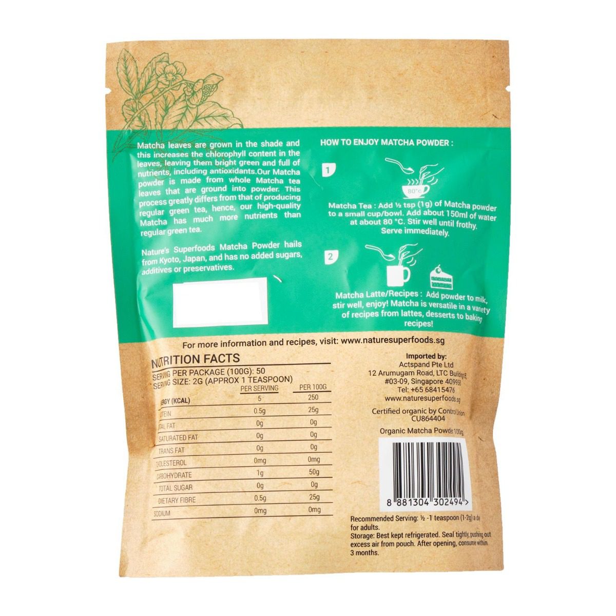 Organic Culinary Matcha Powder (For Recipes) 100g back