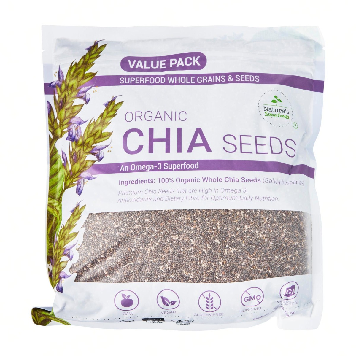 Organic Black Chia Seeds-1kg resealable pack front