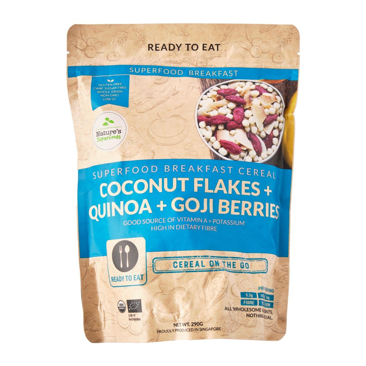 Organic Coconut Flakes - Quinoa - Goji Berries Cereal Mix-290g resealable pack front