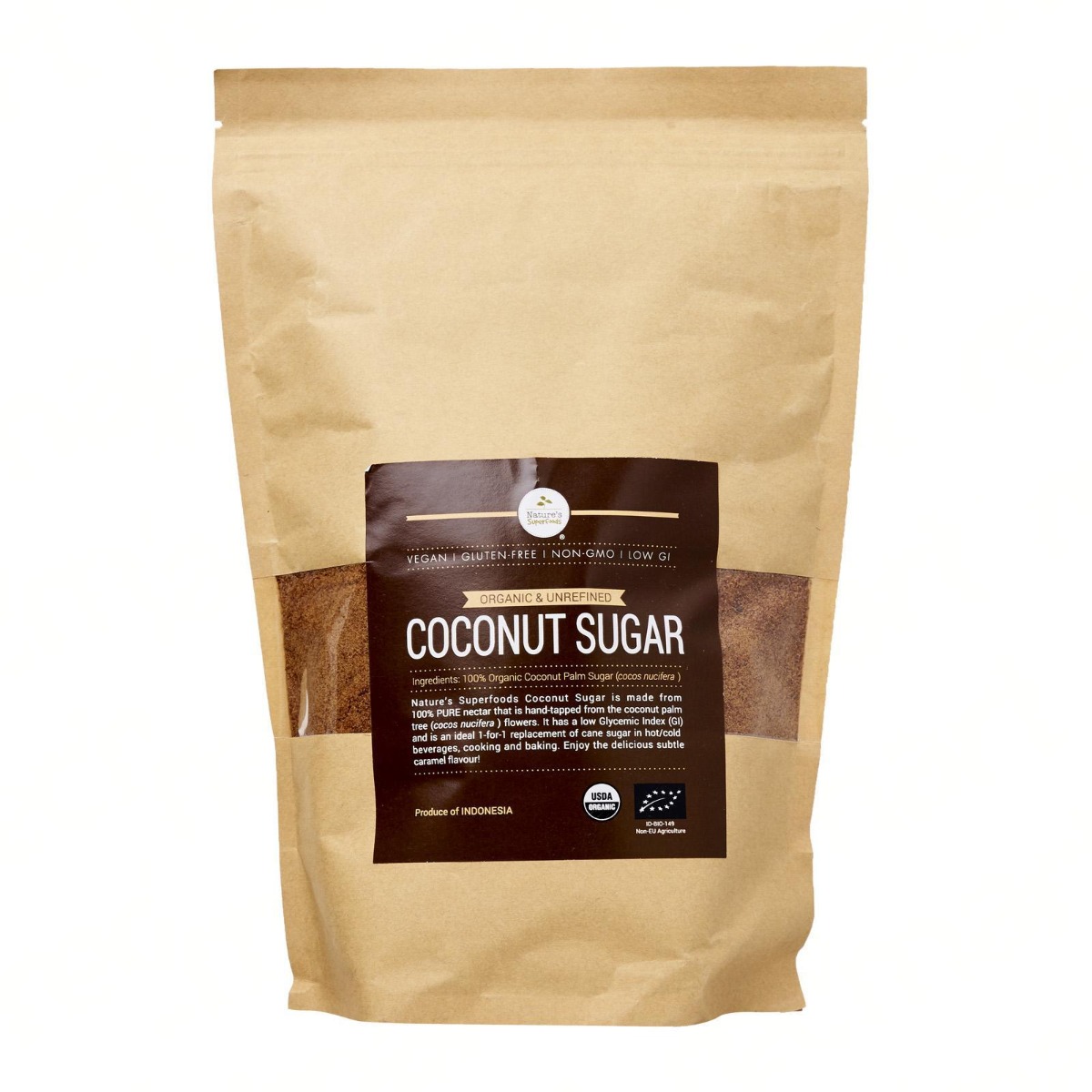 Organic Coconut Sugar-1kg resealable pack front