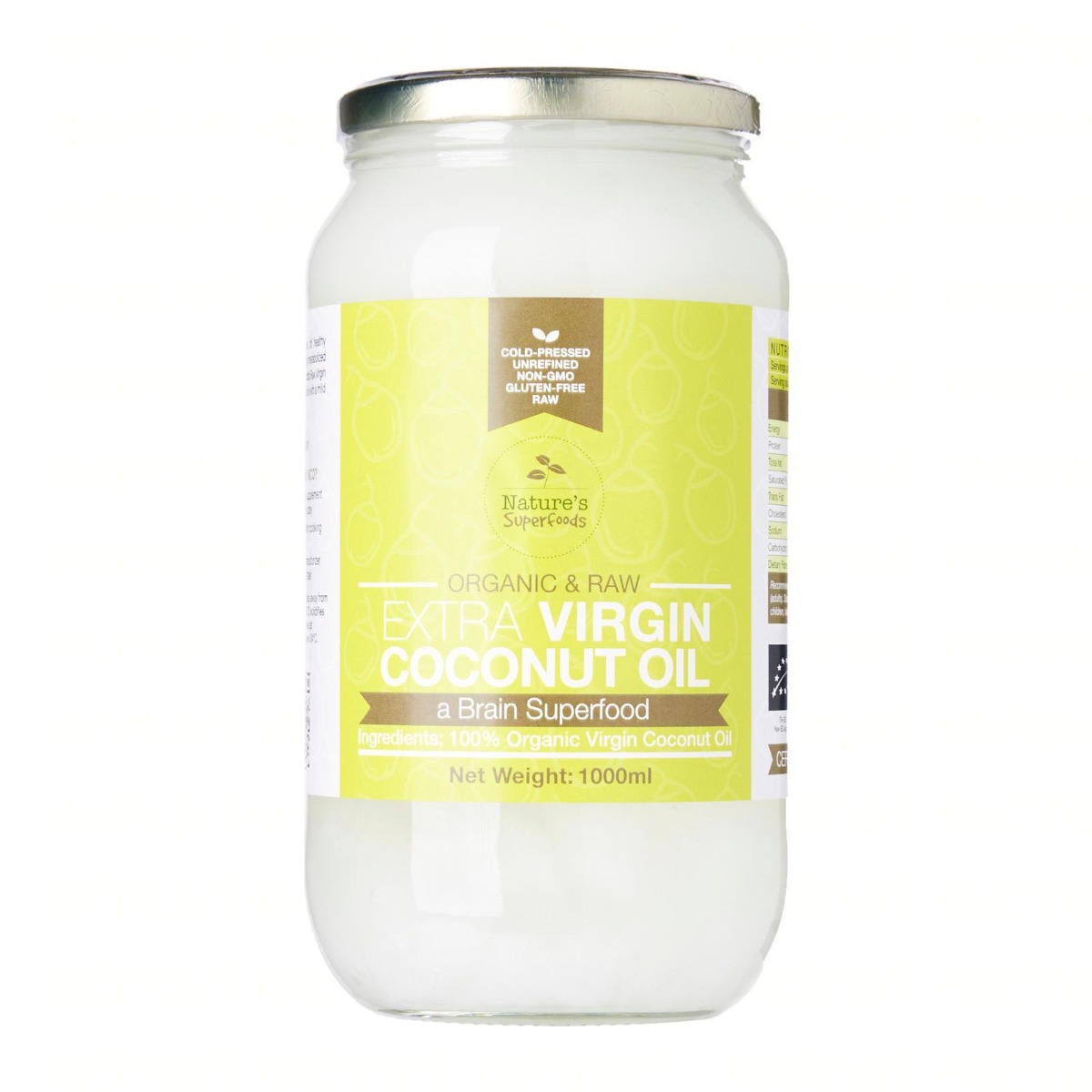 Organic Extra Virgin Coconut Oil -1000ml Glass Jar