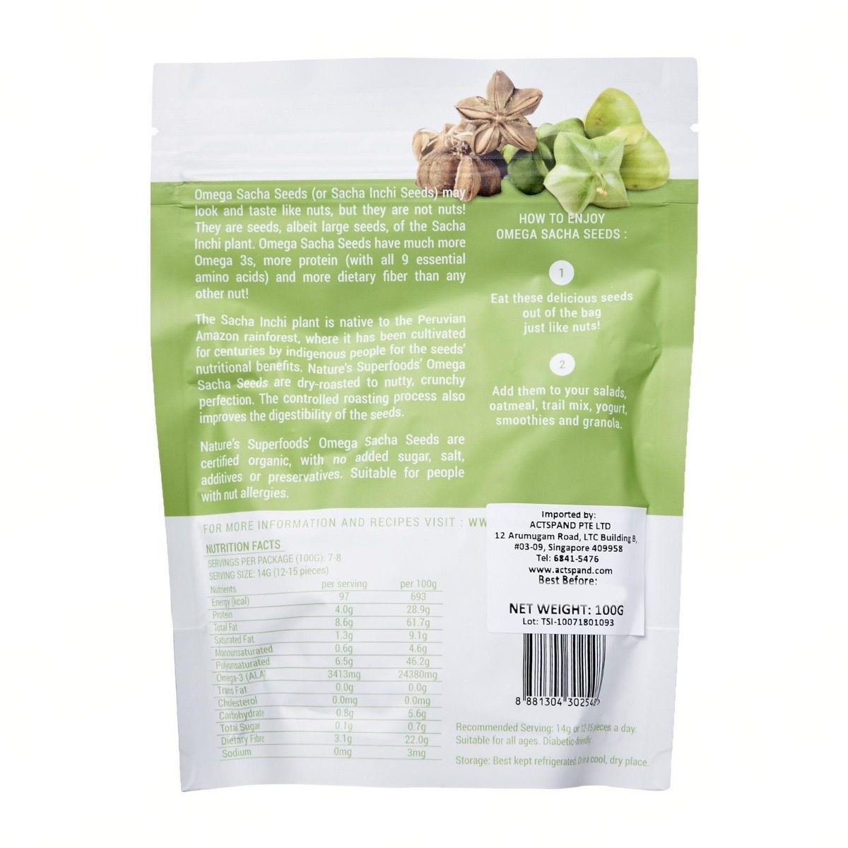 Organic Omega Sacha Inchi Seeds-100g resealable pack back