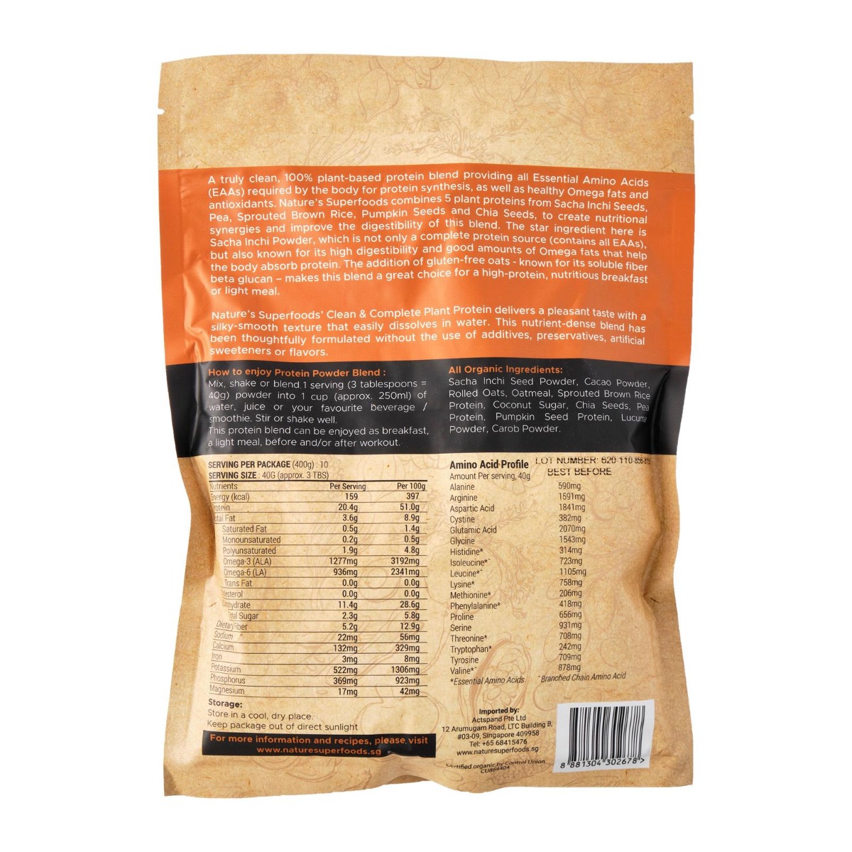 Organic Plant Protein Powder (with Cacao) - 400g resealable pack back
