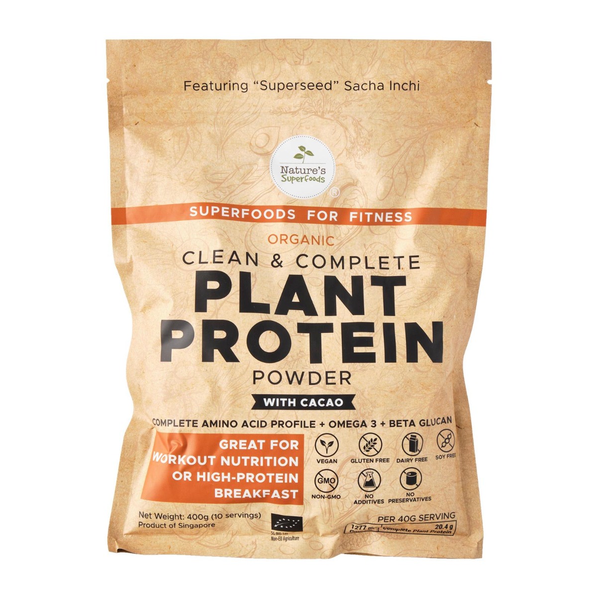 Organic Plant Protein Powder (with Cacao) - 400g resealable pack front