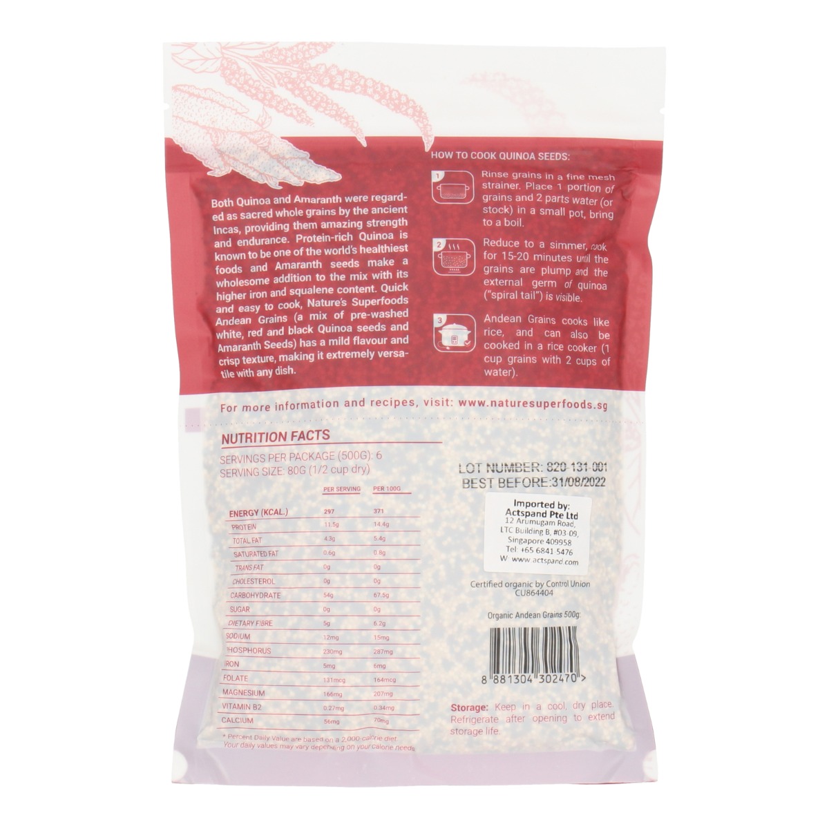 Organic Quinoa & Amaranth (Andean Grains Medley)-500g resealable pack back