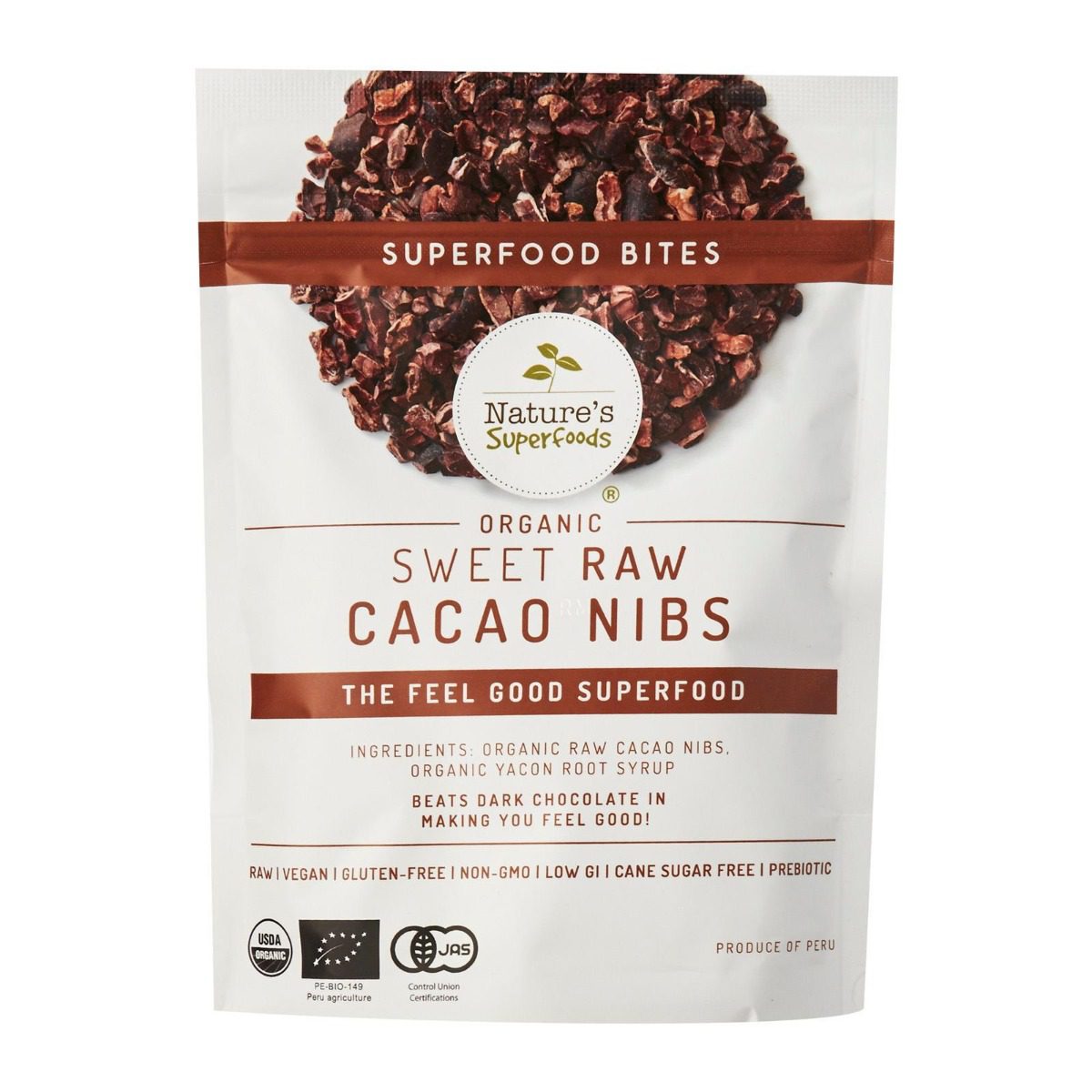 Organic Sweet Raw Cacao Nibs (with Yacon Syrup) 150g front