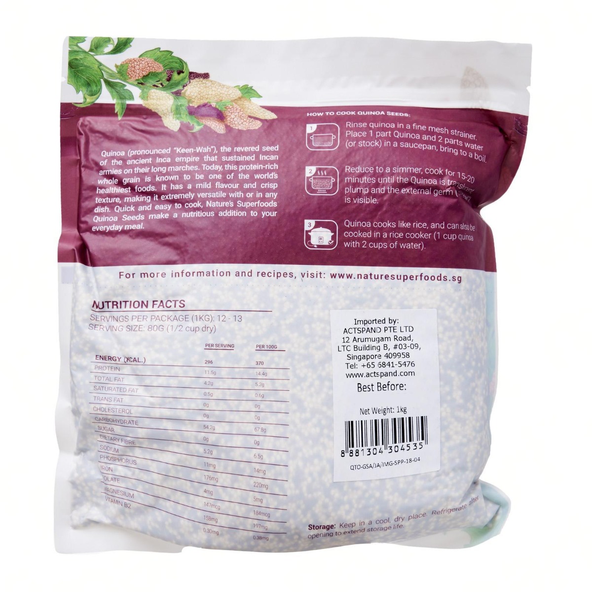 Organic Tricolor Quinoa Seeds -1kg resealable pack back