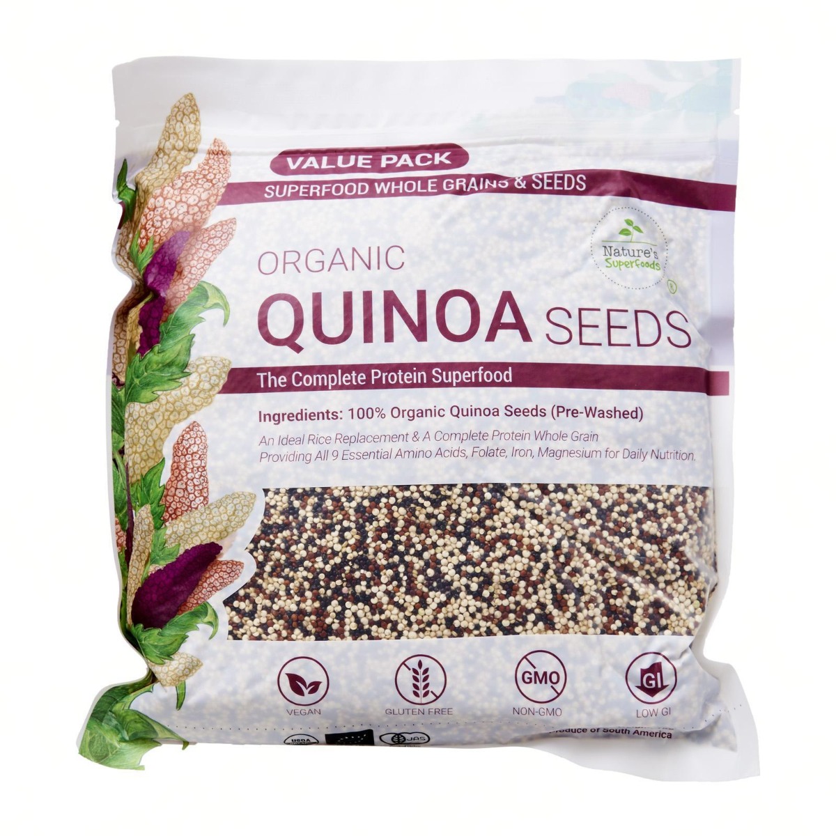 Organic Tricolor Quinoa Seeds -1kg resealable pack front