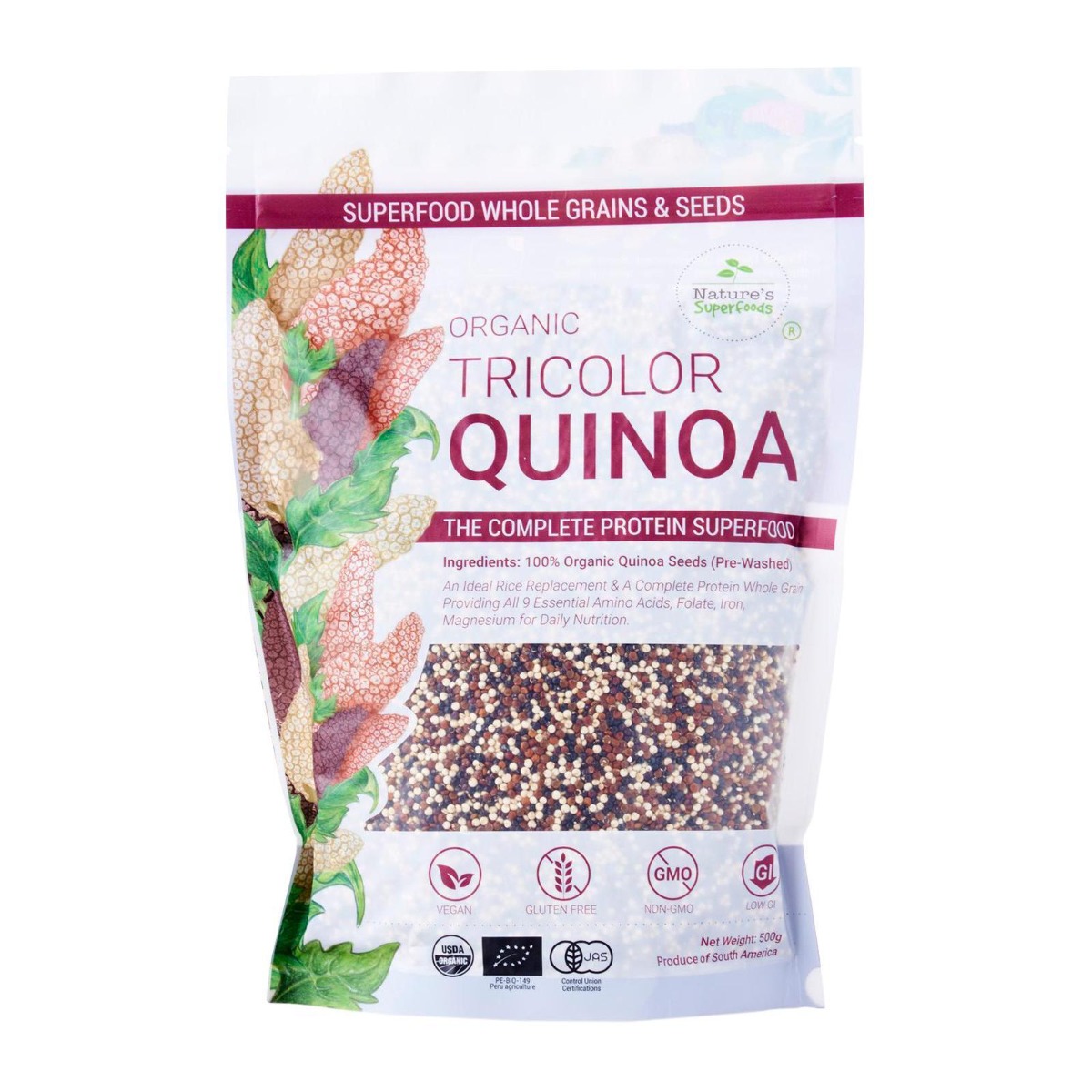 Organic Tricolor Quinoa Seeds  - 500g resealable pack front