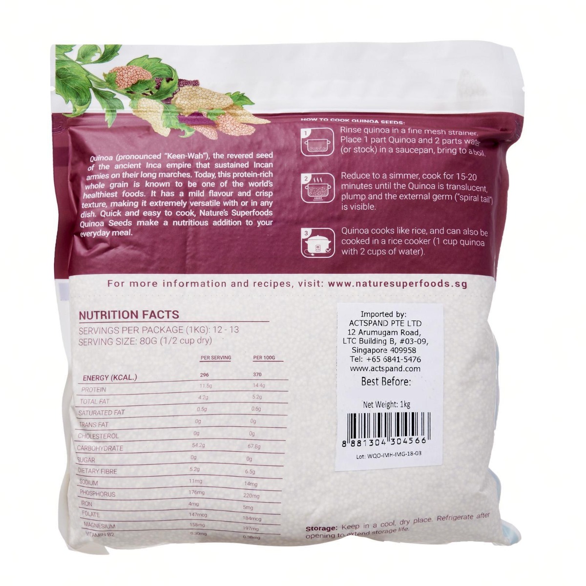 Organic White Quinoa Seeds-1kg resealable pack back