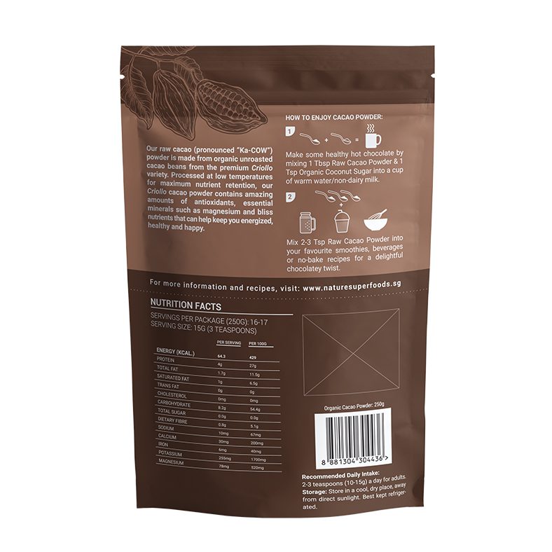 Organic Raw Cacao Powder 250g back