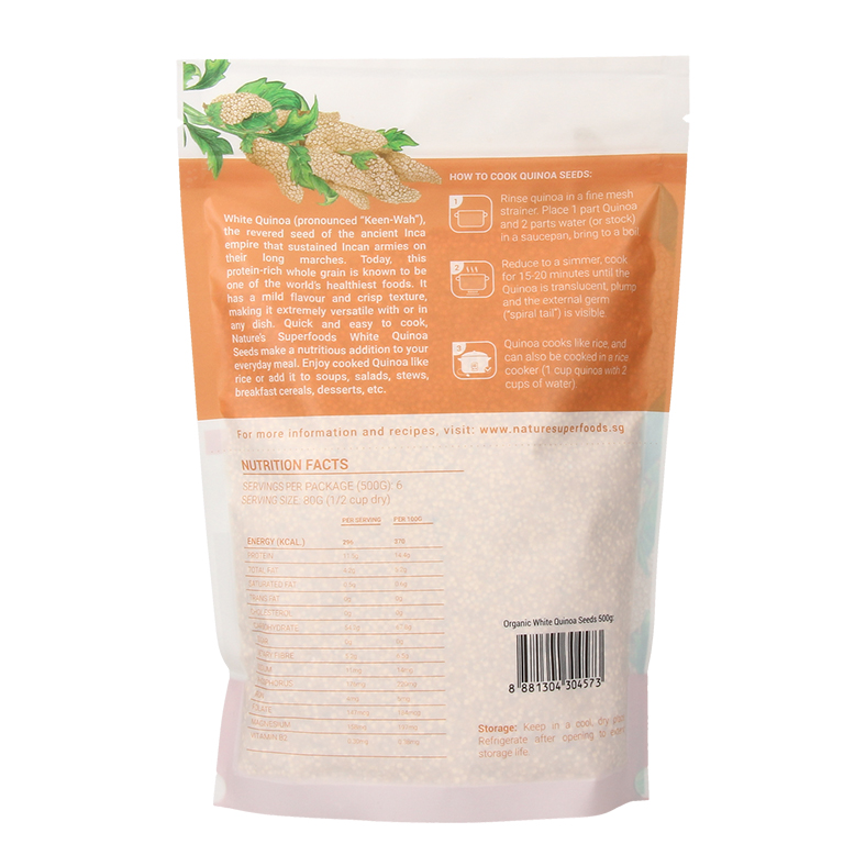 Organic White Quinoa Seeds-500g resealable pack back