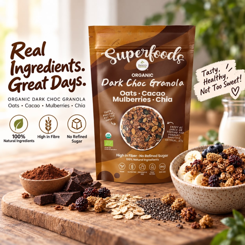 Dark Chocolate Granola 300 G Real Ingredients. Great Days.